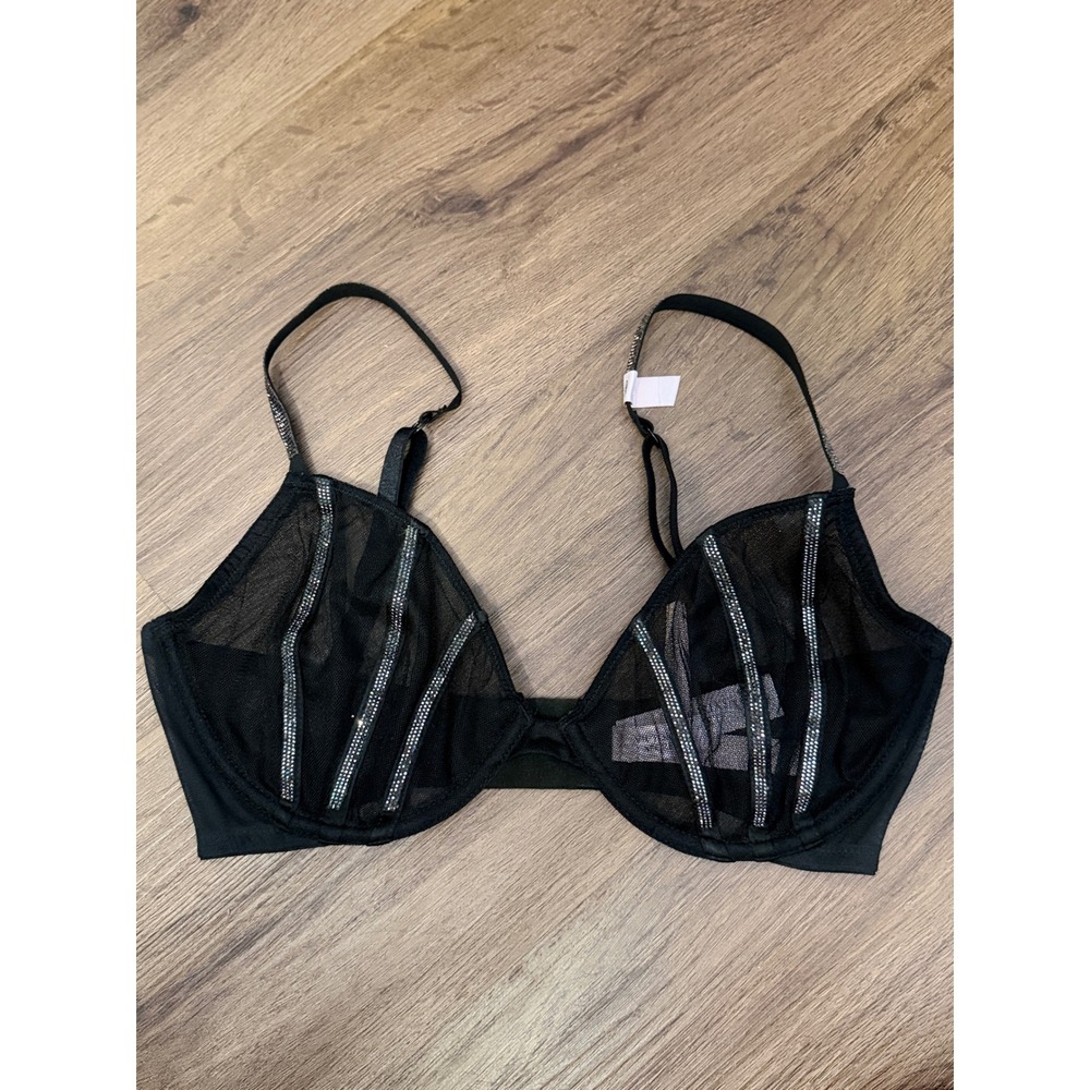 Victoria's Secret Black Mesh Rhinestone Shine Strap Unlined Bra 32DD NWT